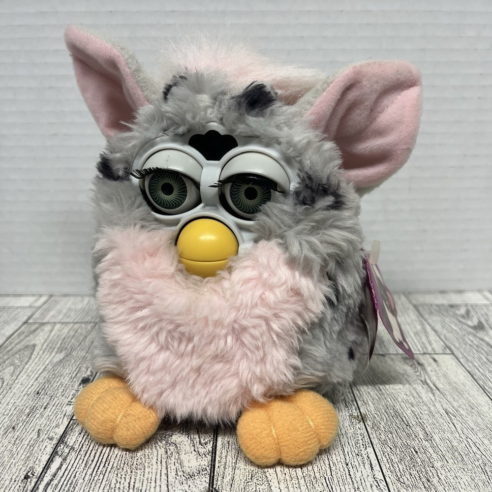 1998 Tiger Electronics Furby Grey Pink Leopard Spots TESTED WORKING w/ Hang Tag